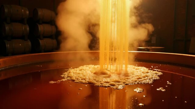Intense beer brewing process in cellar with barrels and steam.