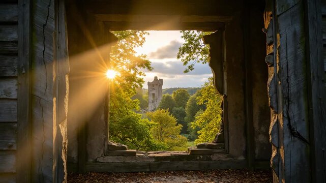 The sun sets behind an old stone wall with trees in the foreground, creating a tranquil and historical scene.