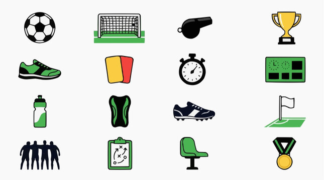 Collection of soccer equipment and accessories, illustrated in a flat design style