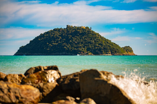 Gallinara Island, Ligurian coast, in the Riviera di Ponente, municipality of Albenga, Province of Savona, Liguria. Nature reserve in the Ligurian Sea