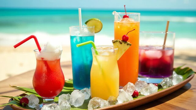 A collection of colorful beach-themed drinks with straws and fruit garnishes. Ideal for vacation or summer scenes.