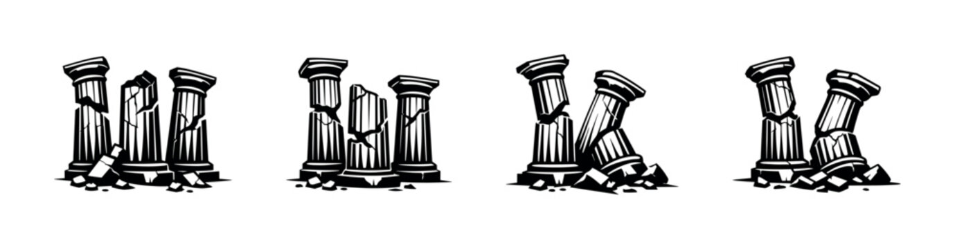 Ancient Greek ruins with broken columns and scattered debris, symbolizing decay