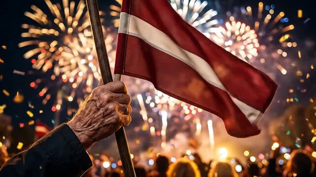 Vibrant celebration with elderly hands holding Latvian flag amidst fireworks display