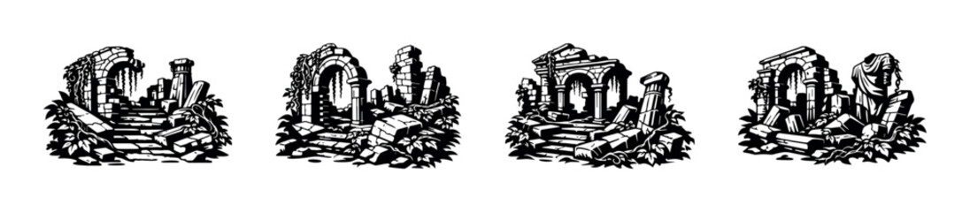 Ancient stone ruins with overgrown vegetation and crumbling architecture © UnIcons
