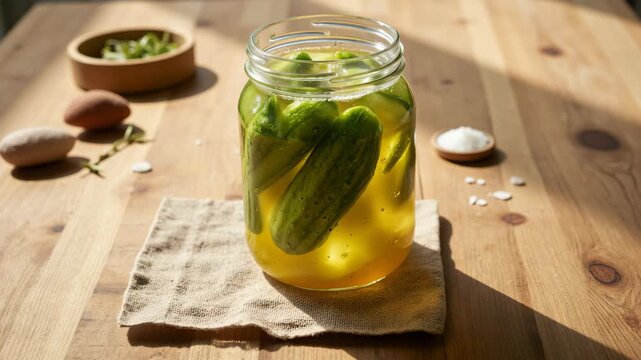A pickled cucumber jar with spices for fermentation on a wooden kitchen table.