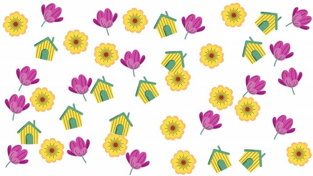 Bright and cheerful yellow flower and pink blossoms pattern with yellow house icons on a white background design. Perfect for springthemed designs and homerelated graphics.