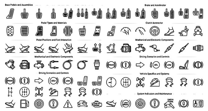 Car Pedal Icon Collection Editable Stroke Accelerator Brake Clutch Outline Vector Set on White Background