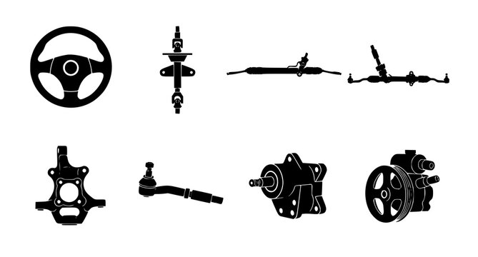 Black Car Steering Parts Silhouette Icon Set Automotive Steering Component Vector Collection