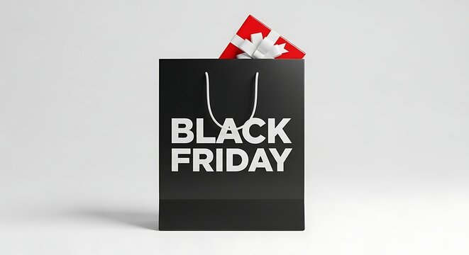 Black friday shopping bag with gift inside white background commercial sale concept
