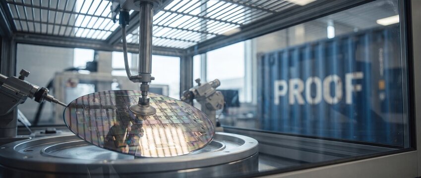 Semiconductor silicon wafer manufacturing robot arm processing microchips in cleanroom facility laboratory for high-tech computer processor production, advanced industrial automation test environment.