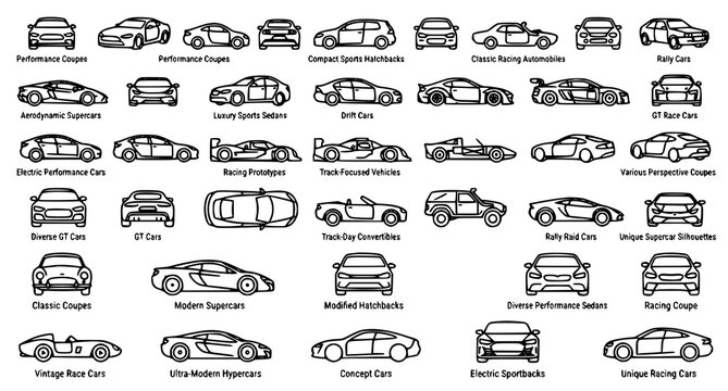 Modern Sports Racing Car Outline Icon Pack Editable Stroke Performance Vehicle Vector Illustration