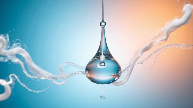 Single water droplet hangs suspended against a gradient background. White liquid swirls dynamically around the droplet. The droplet reflects light with clarity and precision