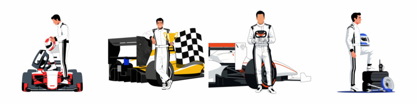 Professional formula race car driver illustrations set featuring racing cars helmets winner's trophy checkered flag and pit stop equipment on white background