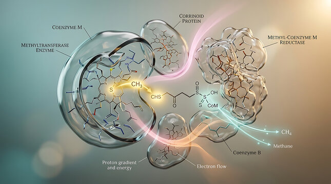 Premium Gorgeous Transparent Bacterial Methanogen Coenzyme M Cutaway Archaeal Biochemistry Visualization with Methyl Transfer and Methane Biosynthesis