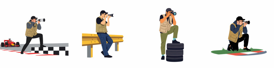 Obraz premium Set of illustrations depicting professional sports photographers taking pictures of race cars at a motorsport event on a white background.