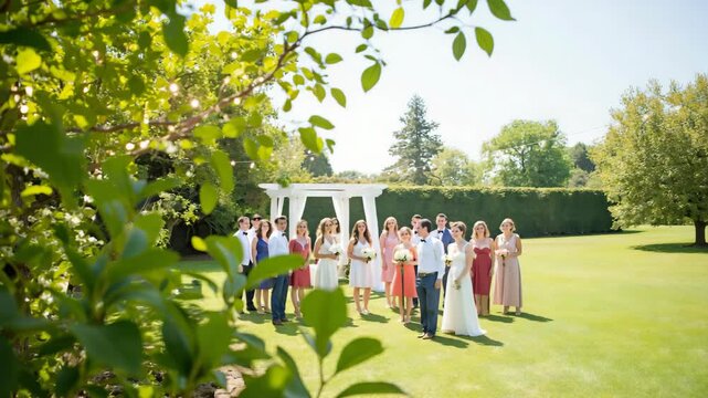 A joyful outdoor wedding ceremony with the bride and groom surrounded by family and friends under a canopy of trees. The group is smiling and looking up towards the capturing this special moment.