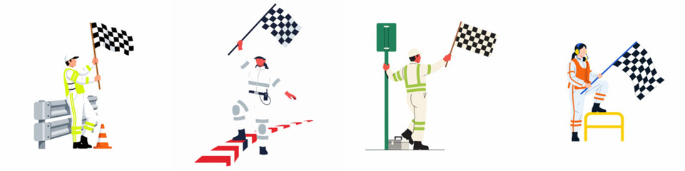 Obraz premium Set of illustrations featuring race marshals and track officials waving checkered flags at a motor racing competition finish line.