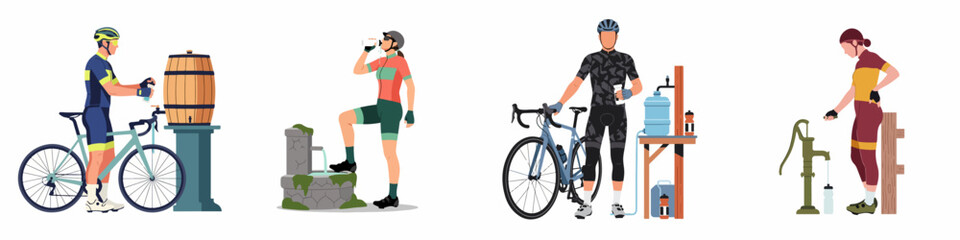 Fototapeta premium Set of cyclists refilling water bottles at various hydration stations during their rides, flat vector illustration on white background.