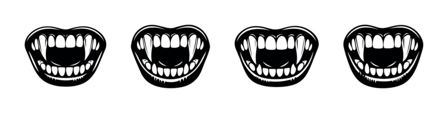 Row of vampire fangs and teeth in a black and white graphic illustration