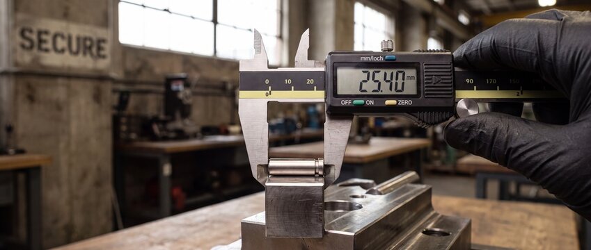Digital caliper measuring metal part in workshop with gloved hand for quality control engineering. Precision measurement of industrial machine component, showing exact dimension screen display.