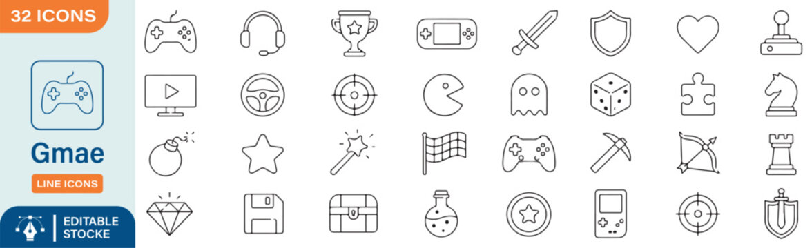 32 Game Line Icons, Video Gaming Controller and Retro Esport Vector Set