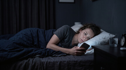 Fototapeta premium Woman Lying in Bed at Night Checking Smartphone Unable to Sleep