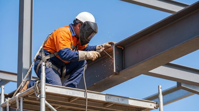 Construction site welding, Steel beam bracket repair, Helmeted worker on platform, Safe building framework, Daylight industrial lifestyle