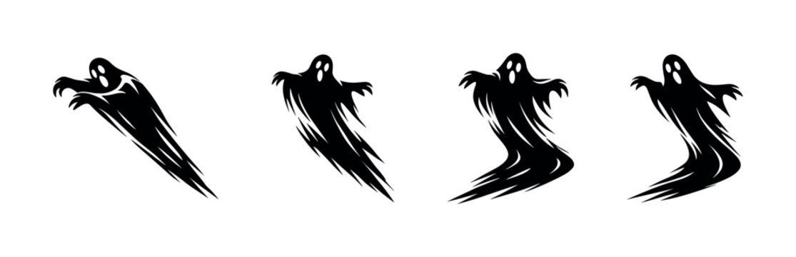 Set of four black ghost icons with flowing tails and spooky faces