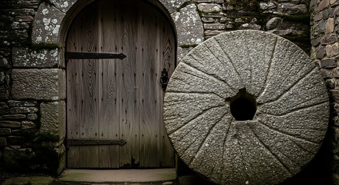 Ancient stone mill wheel and rustic wooden door in historical stone building facade