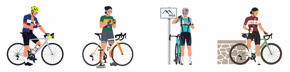 Fototapeta premium Set of four flat vector illustrations showing diverse road cyclists taking a break, using technology, and maintaining their bikes on a white background.