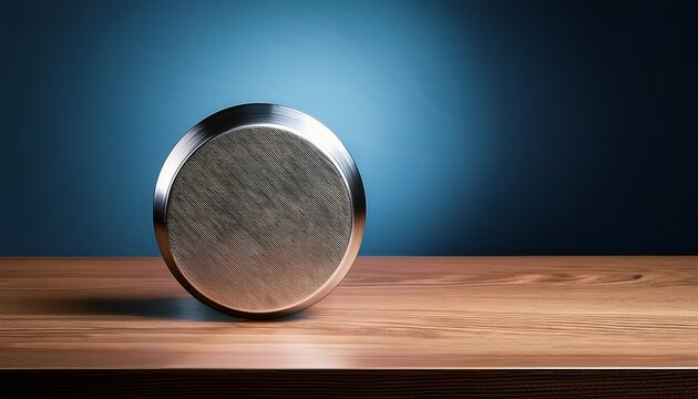 round metallic object stands centrally on polished wooden table