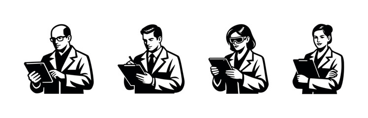 Fototapeta premium Scientists in lab coats with clipboards and tablets, diverse team working
