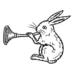 Medieval rabbit blowing a horn black and white line art illustration © Kei.as.is