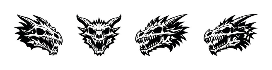 Naklejka premium Fierce dragon skull illustrations in multiple menacing angles for fantasy themes