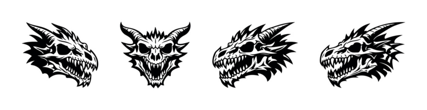 Fierce dragon skull illustrations in multiple menacing angles for fantasy themes