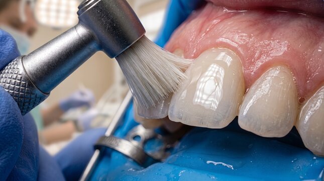 Dental polishing brush applying glaze to front teeth under rubber dam in close up