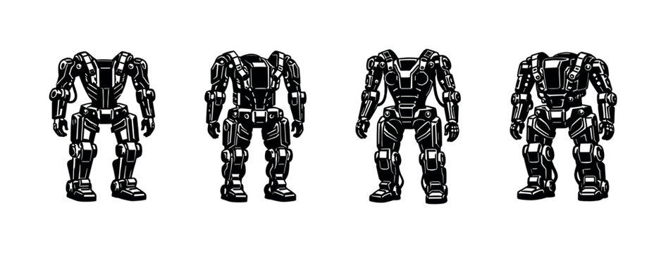 Four distinct robotic exoskeletons displayed in a line against a white background