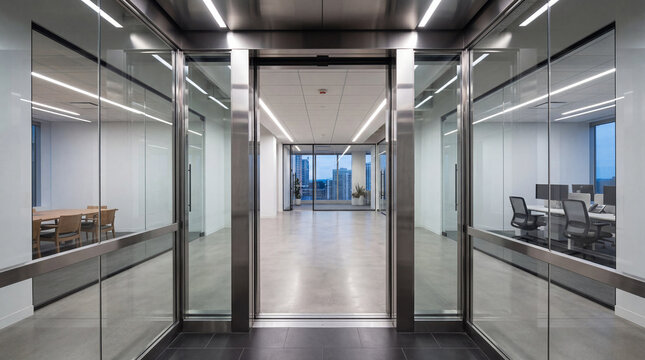 View Fully Open Glass Elevator Doors Which Reveal An Empty Hallway Within An Office Space