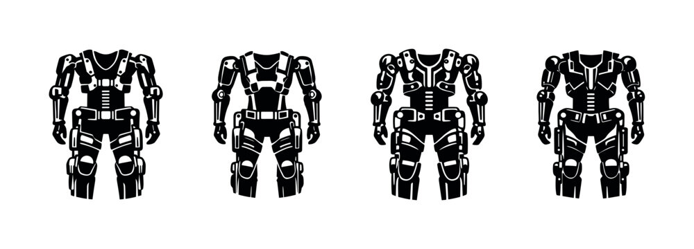 Set of four futuristic robotic exoskeletons in black and white silhouette