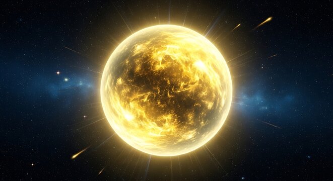Bright glowing sun star with solar flares and meteoroids in outer space