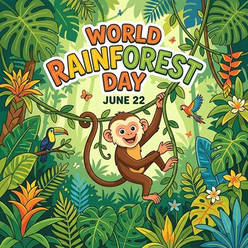 Playful vector style with a rainforest monkey and a bold WORLD RAINFOREST DAY