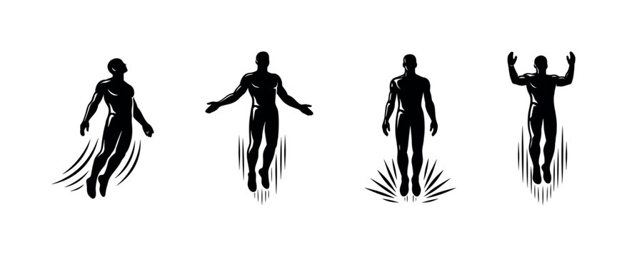 Silhouettes of four men in motion, suggesting flight or levitation