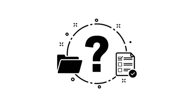 Vector illustration of question mark icon between a folder and a checklist document on a transparent background