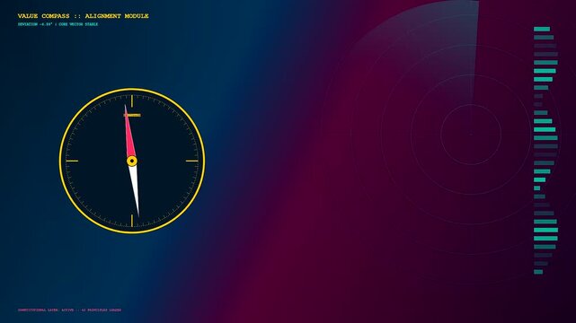A digital screen showing model alignment interface with a rotating compass needle and flickering data bars shifting through dark blue and deep red aesthetic gradients