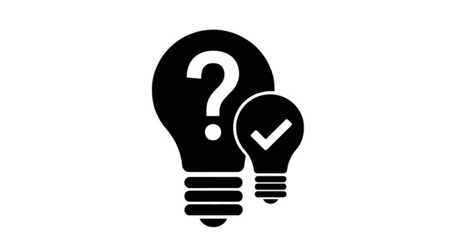 Vector illustration of light bulb icon with question mark and check mark on a transparent background