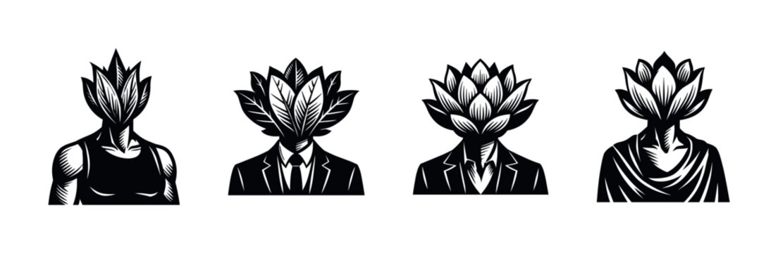 Four figures with lotus flower heads representing different styles and professions