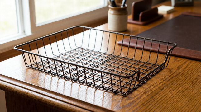 Vintage Empty Metal Wire Inbox Document Tray Sitting On Polished Hardwood Executive Office Desk Surface