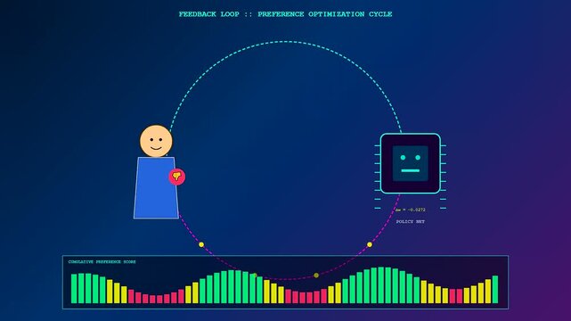 the process of model alignment shows a cartoon figure interacting with a digital chip icon using green and red voting buttons within a vibrant interface