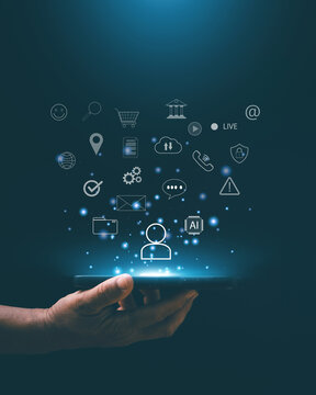 Digital transformation concept. Person holding smartphone with business and technology icons. AI, cloud computing, cybersecurity, automation, communication and business solutions on a mobile platform.