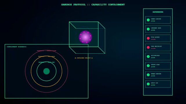 Model alignment controls appear on a digital interface showing a containment protocol screen with glowing purple spheres and various system toggles activated in sequence